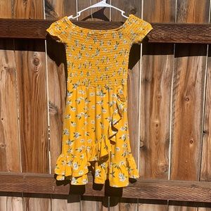 Off the shoulder, yellow flowery vibrant dress, tight top, flowy bottom, size S